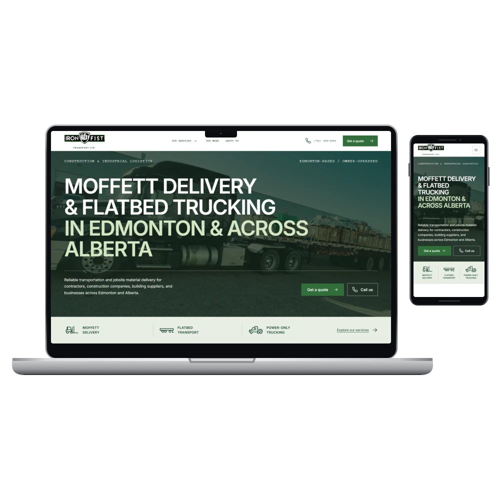 Iron Fist Transport website shown on a laptop and phone